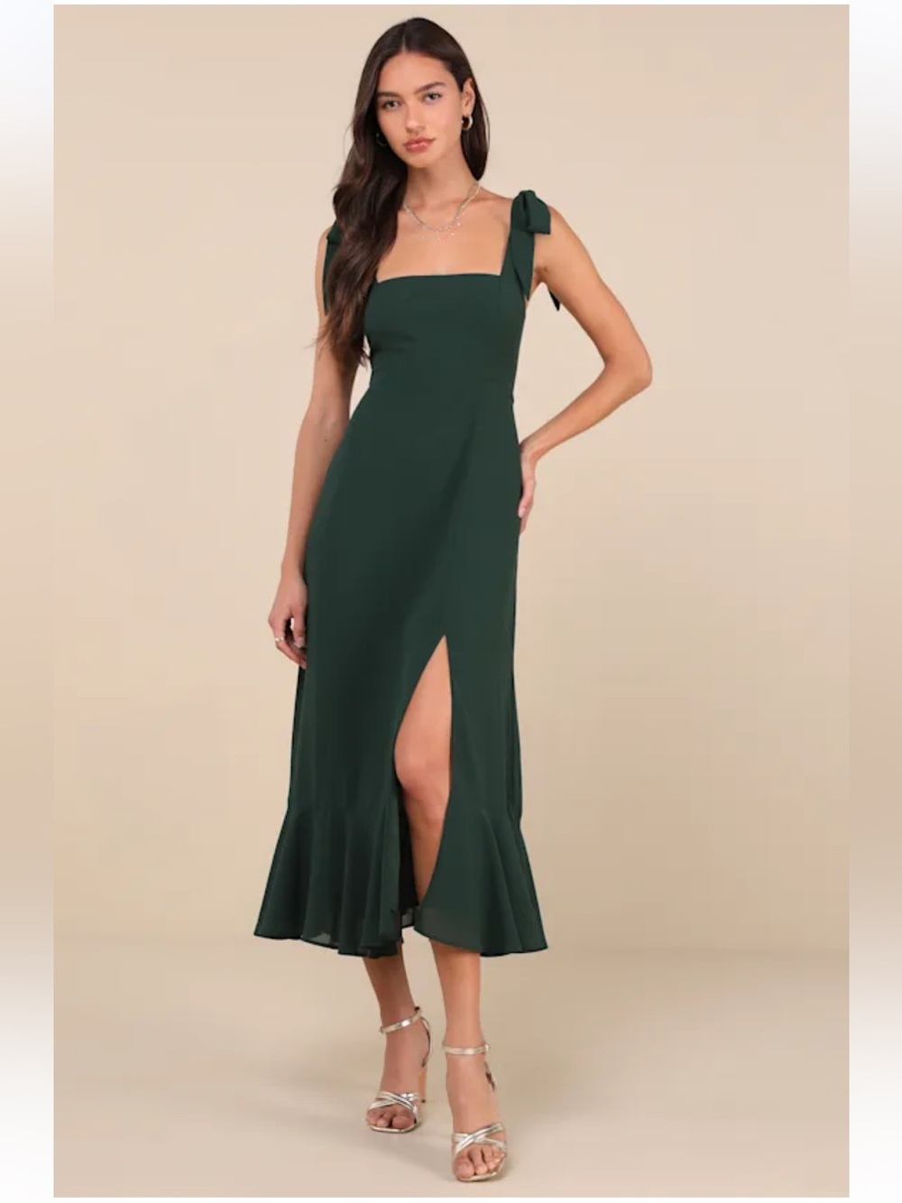 NWT Lulus Summer Invite Emerald Green Tie-Strap Tiered Midi Dress